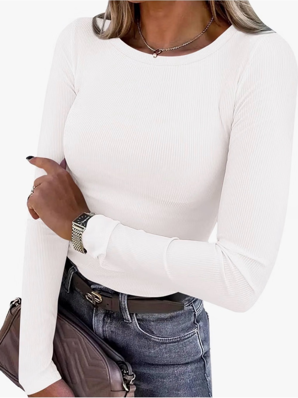Women's Ribbed Long Sleeve Crewneck Top - White